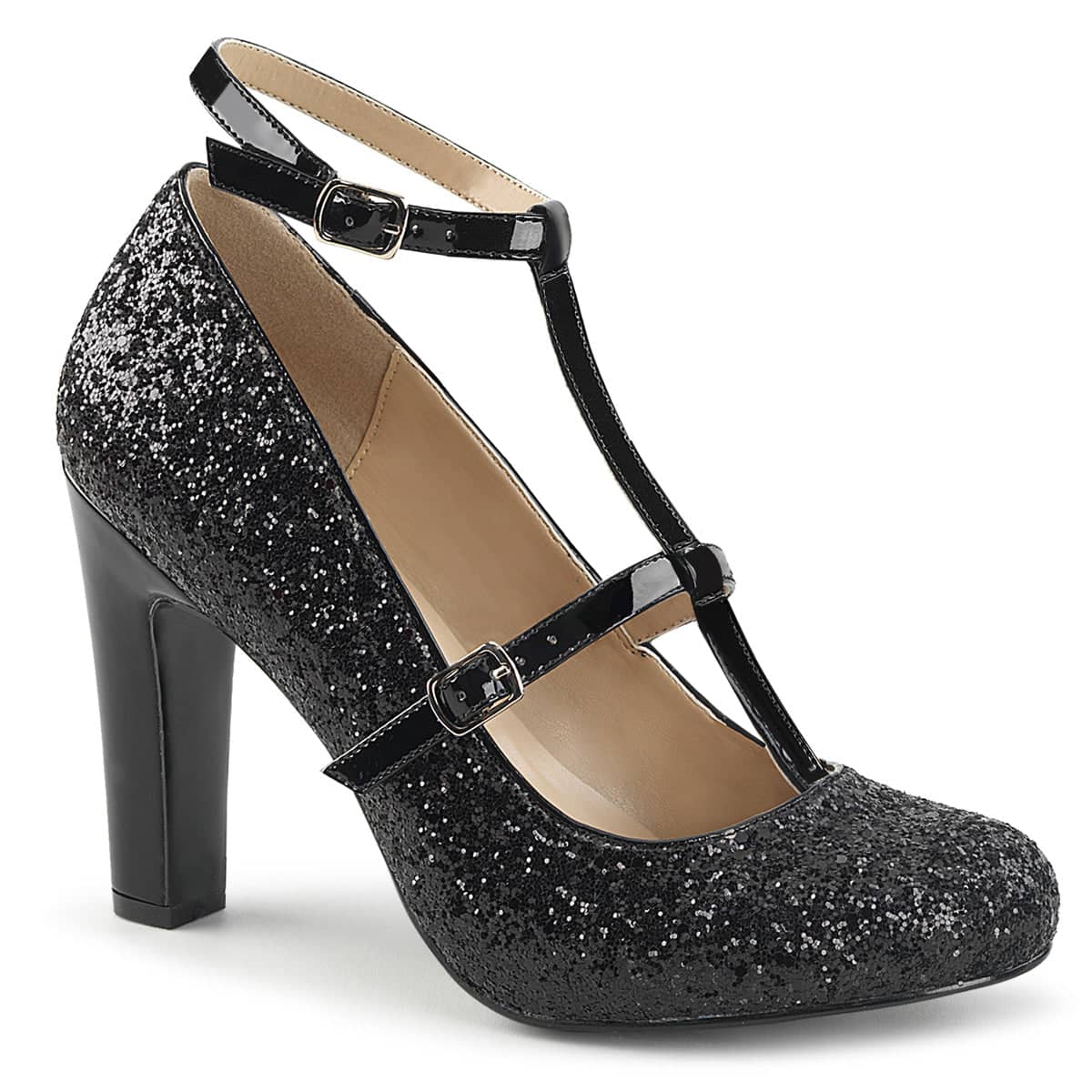 QUEEN-01 Black Ankle T-Strap High Heel