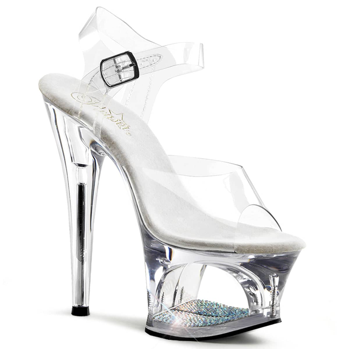 MOON-708DM Clear & Silver Ankle Peep Toe High Heel